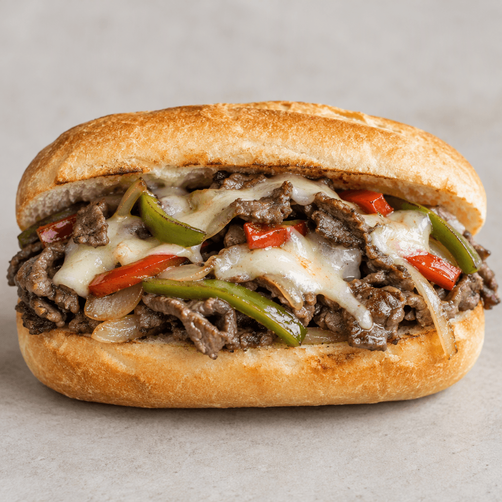 A long, lightly toasted sub roll is split open and filled with thin, browned steak slices, soft green and red pepper strips, translucent onion pieces, and pale melted cheese, with the filling rising above the bread.