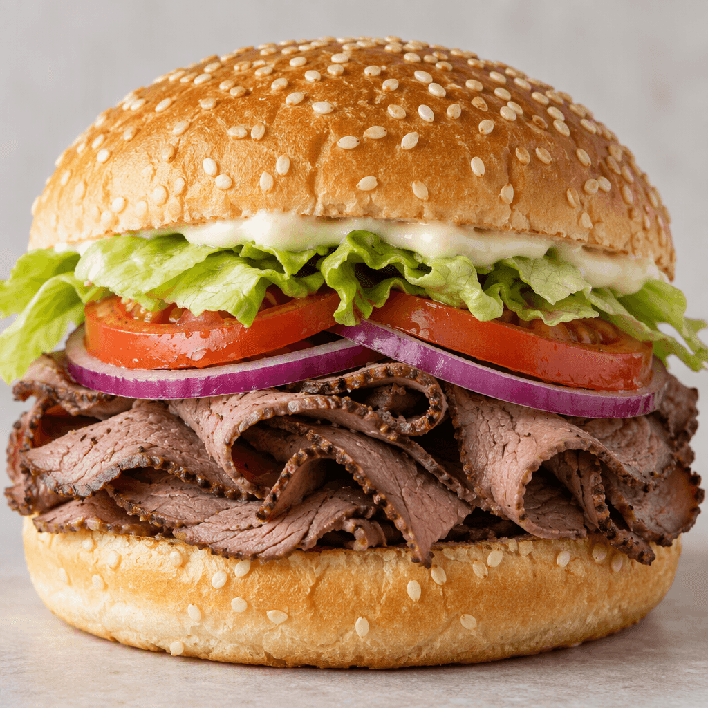 A sesame-seed bun holds folds of thinly sliced brown roast beef, with pale-green lettuce, red onion rings, red tomato slices, and white mayonnaise visible between the halves.