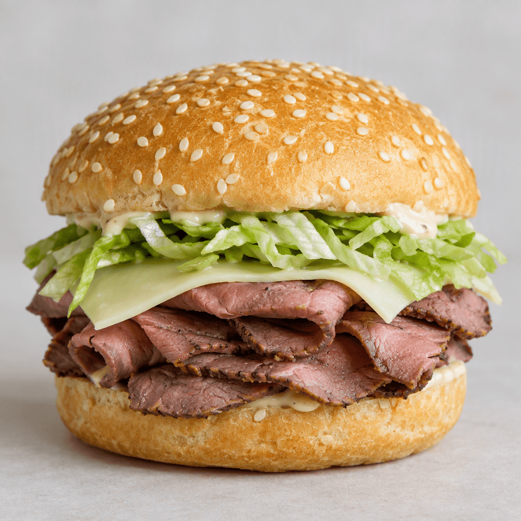 A small sesame-seed bun holds thin, folded layers of rosy-brown roast beef, a pale slice of cheese, and shredded lettuce, with a little creamy sauce visible near the edges.