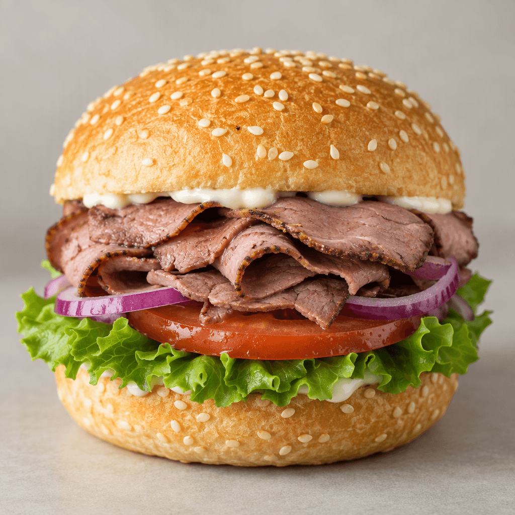 A small sesame-seed bun holds thin, folded slices of pinkish-brown roast beef with pale mayonnaise, crisp green lettuce, a red tomato slice, and a few purple-red onion rings visible at the edges.