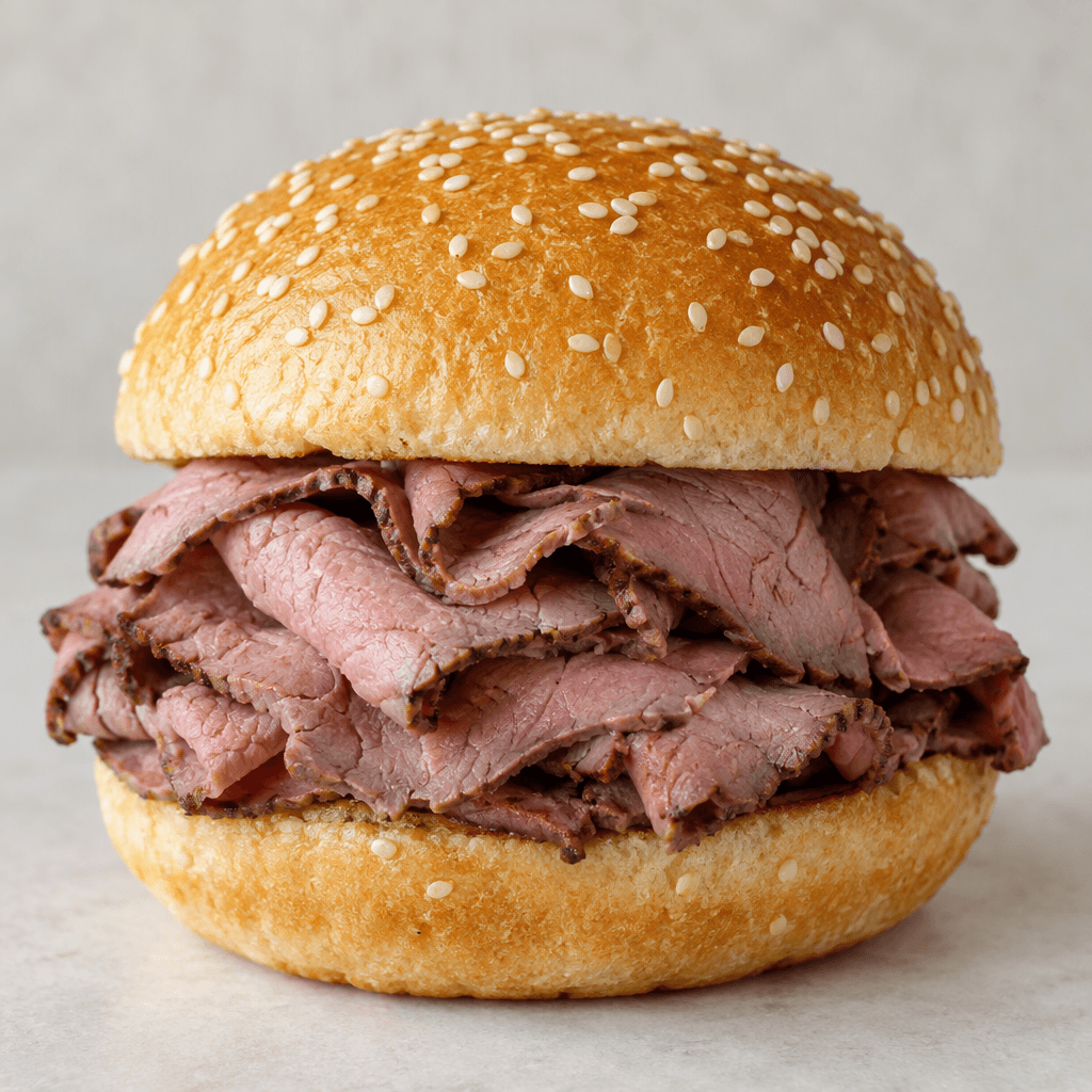 A soft, lightly browned sesame-seed bun holds a generous mound of thin, folded slices of pinkish-brown roast beef, with the meat visible between the rounded top and bottom halves.