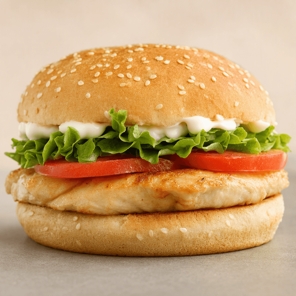 A round, lightly toasted sesame-seed bun holds a thick, pale-golden roast chicken breast topped with ruffled green lettuce, red tomato slices and white mayonnaise, with the layers visible beneath the top bun.