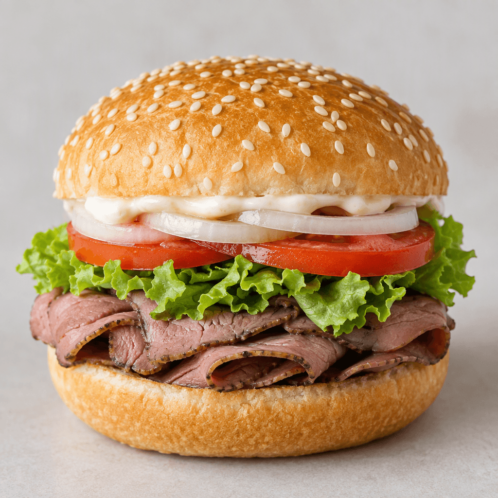 A small sandwich on a soft sesame-seed bun, filled with thin folded slices of pinkish-brown roast beef, green lettuce, red tomato, pale onion rings, and creamy mayonnaise visible beneath the top bun.