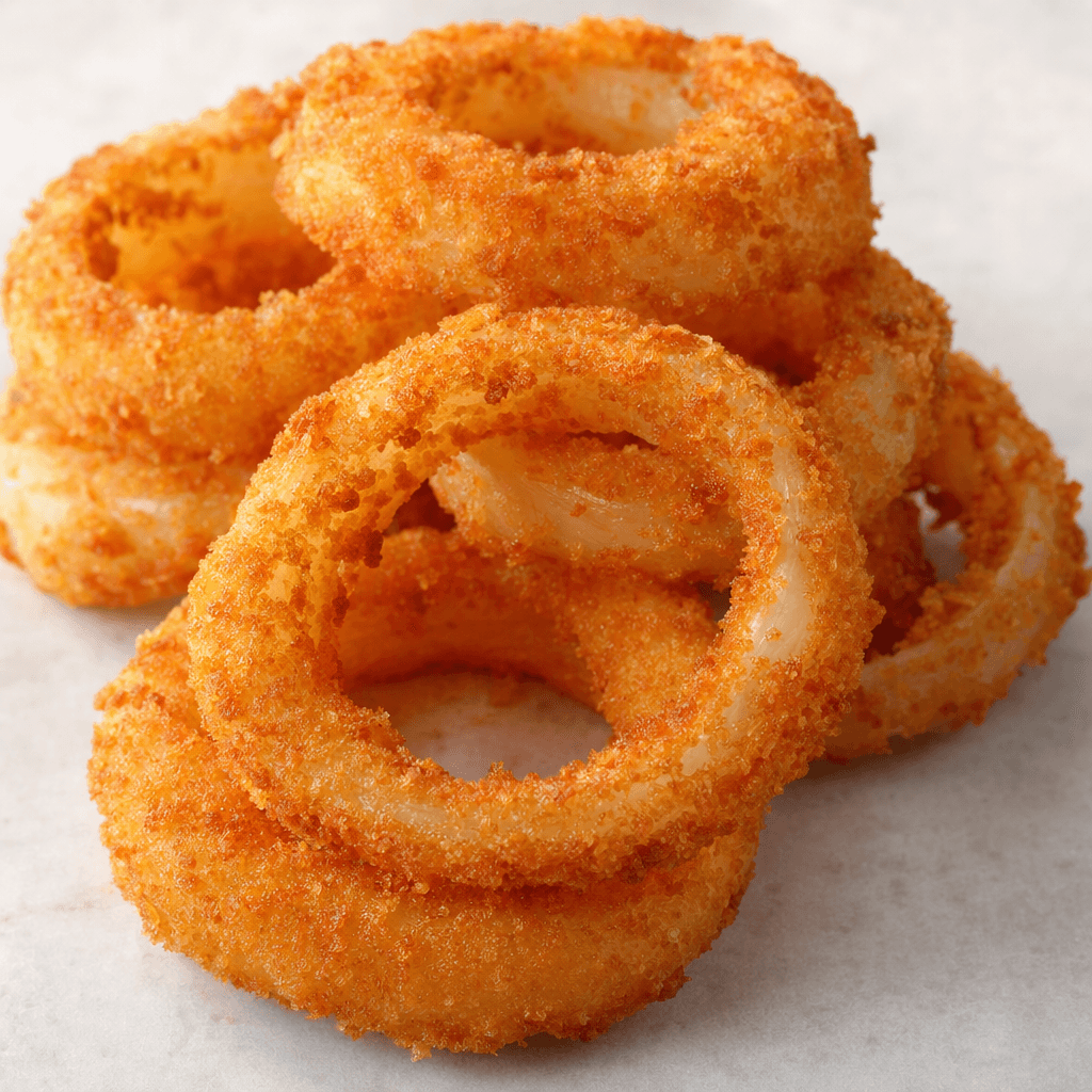 A small pile of thick onion rings with an even, golden-brown crumb coating, crisp-looking rough edges, and pale onion visible through the centers.