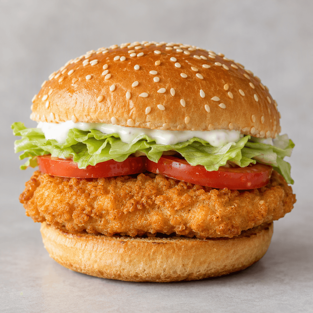 A golden, sesame-seed bun holds a broad, crisp-coated chicken fillet with pale green lettuce, red tomato slices, and a layer of white sauce visible beneath the top bun.