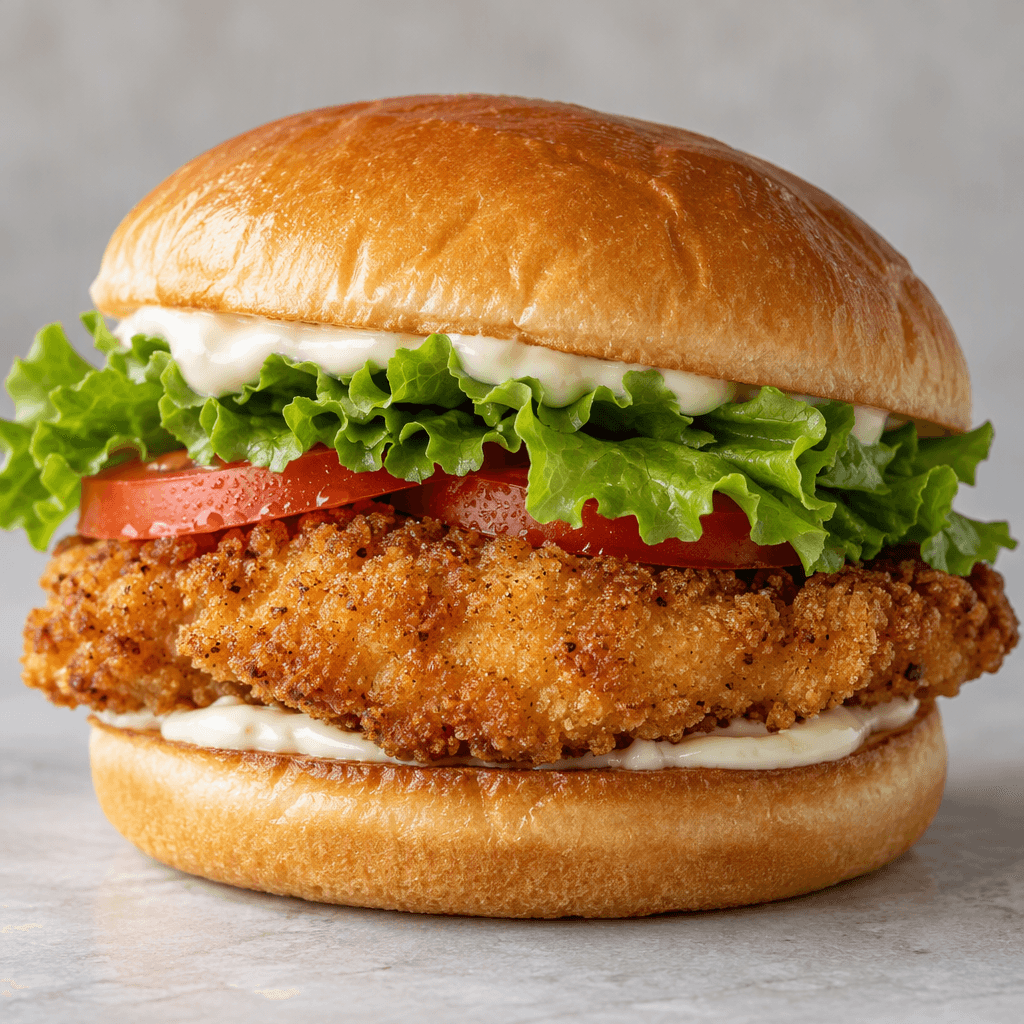 A golden-brown breaded chicken fillet sits in a soft, lightly toasted bun with pale mayonnaise, crisp green lettuce, and red tomato slices visible at the edges.