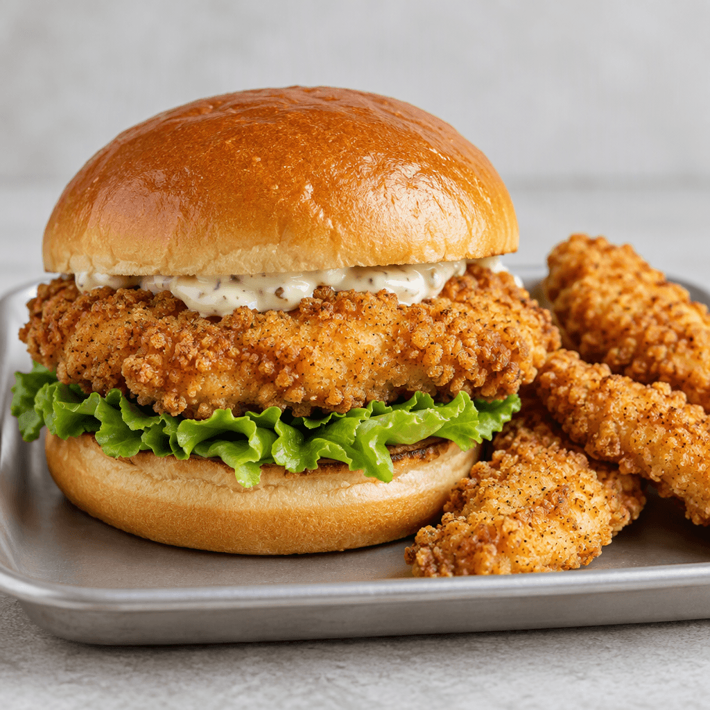 A golden, crumb-coated chicken fillet sits in a soft bun with pale sauce and crisp green lettuce, beside several smaller breaded chicken strips on a plain tray.