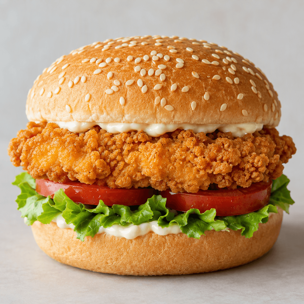 A golden, craggy breaded chicken fillet sits in a soft sesame-seed bun with pale mayonnaise, green lettuce, and red tomato visible at the edges.