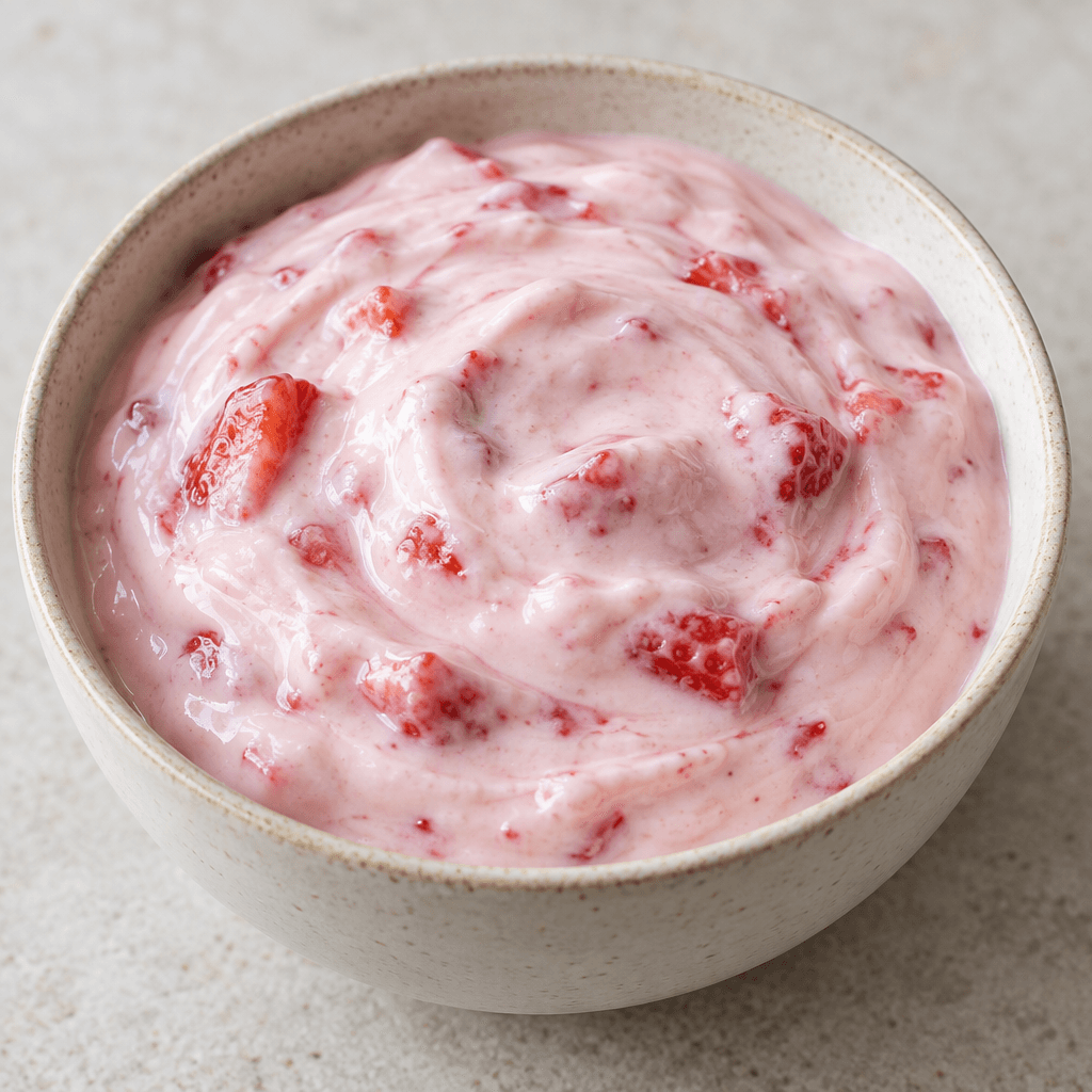 A thick, smooth pale-pink yogurt with small red strawberry pieces, served in a simple bowl.