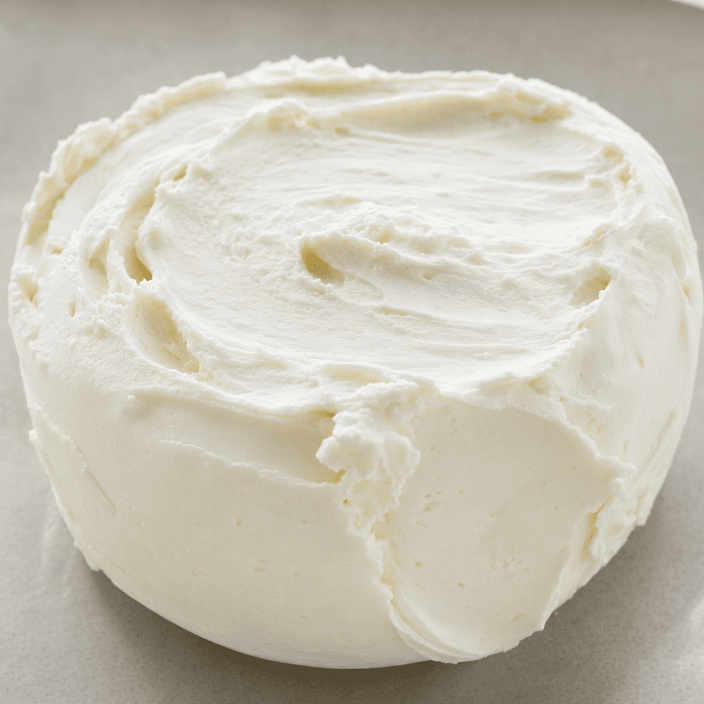 A smooth, creamy white soft cheese with a thick, spreadable texture and softly rounded edges.