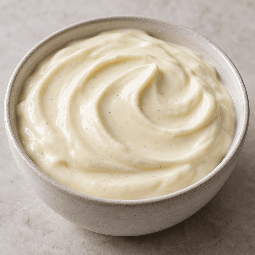 Thick, smooth, pale ivory vanilla quark sits in a small bowl, with a softly glossy surface and gentle spoon-shaped swirls.