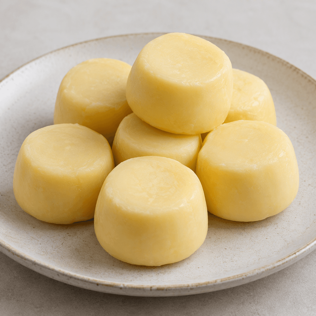 Small, pale yellow cheese portions with a smooth, firm surface and softly rounded, stubby shapes, arranged together on a plate.