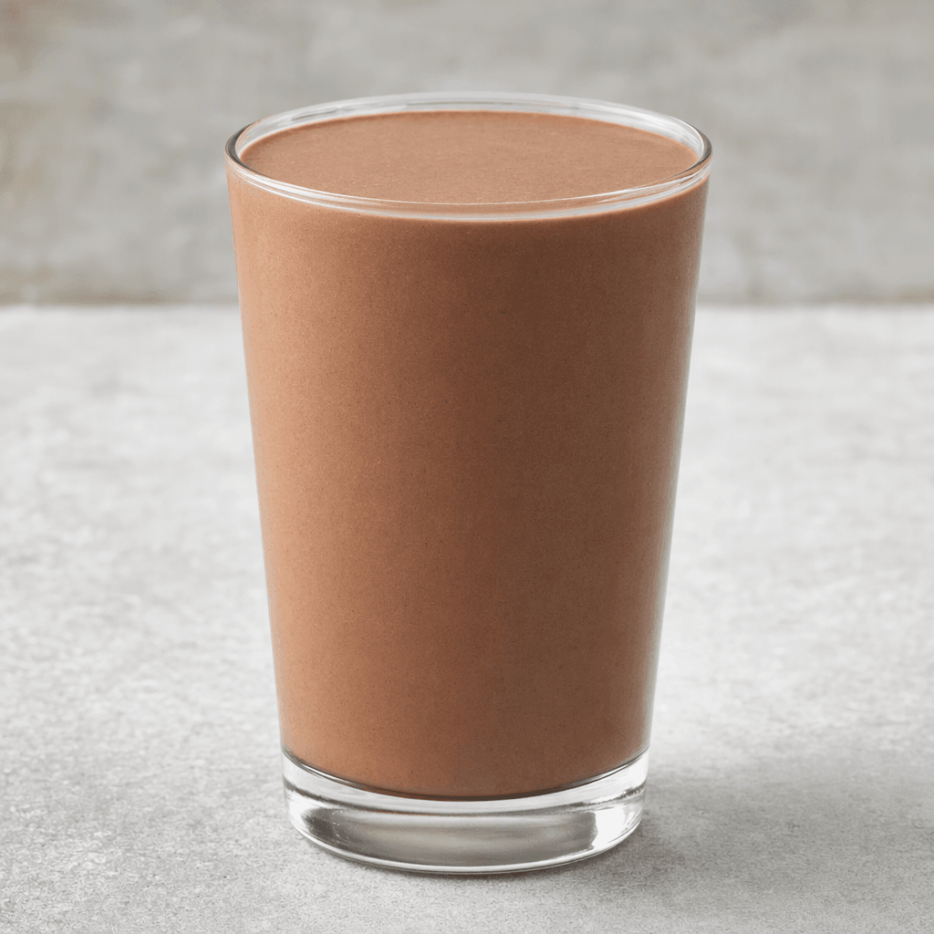 An opaque, smooth, uniformly chocolate-brown shake fills a clear glass, with a level surface and no visible toppings.