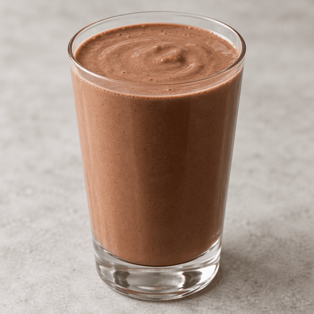 A smooth, opaque chocolate-brown shake fills a clear glass, with a creamy surface and no visible toppings.