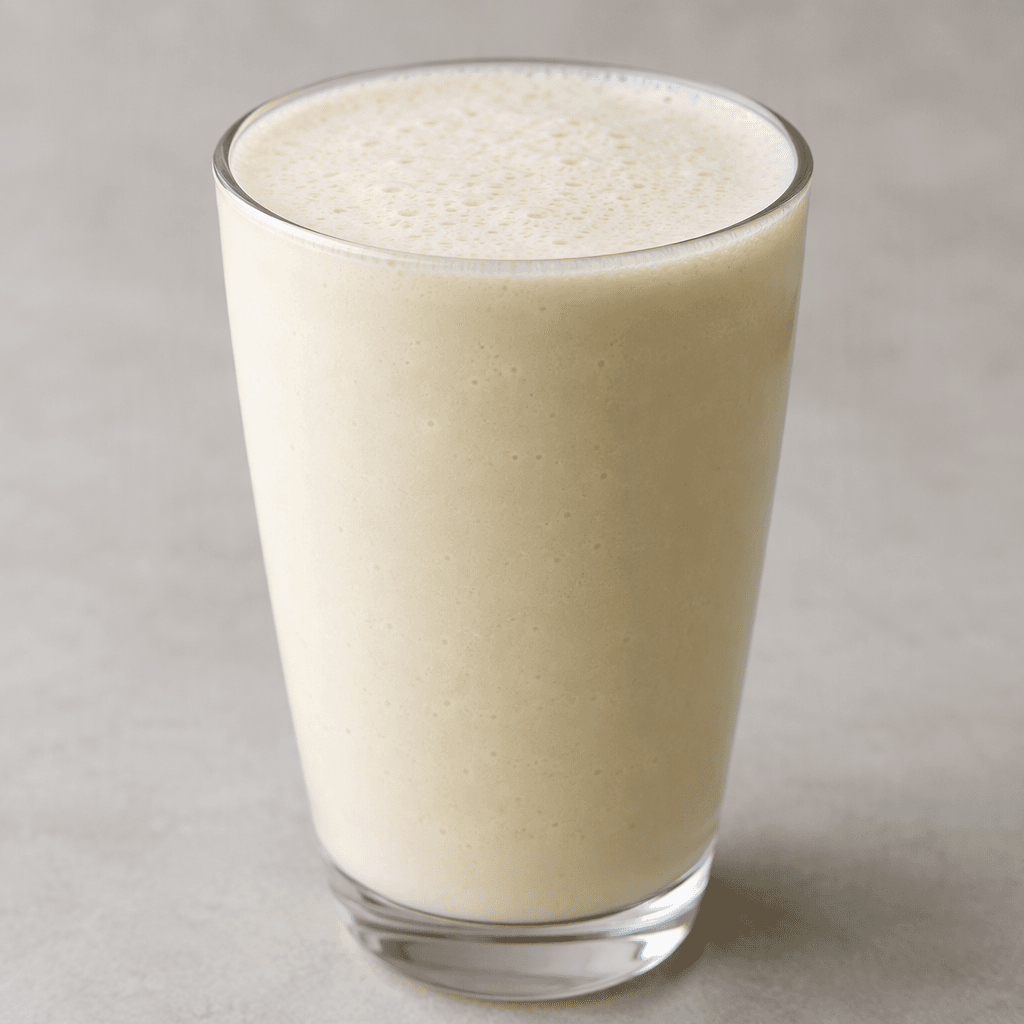 A smooth, opaque, pale cream-colored drink fills a clear glass, with an even, slightly frothy surface.