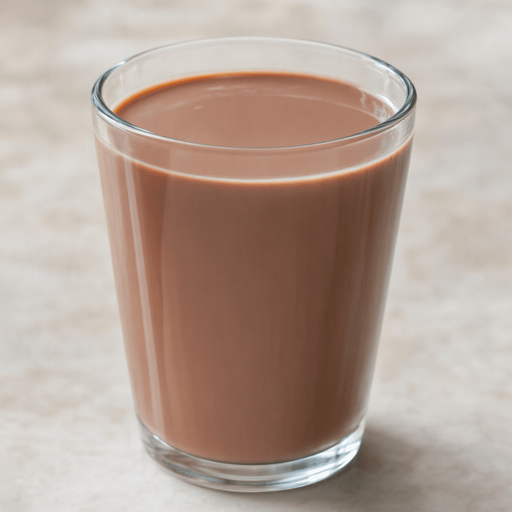 An opaque, smooth, medium-brown chocolate-colored milk drink fills a clear glass.