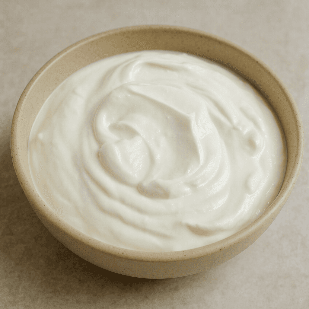 A thick, smooth, bright-white strained yogurt sits in a simple bowl, with a softly mounded surface and a few gentle swirls.