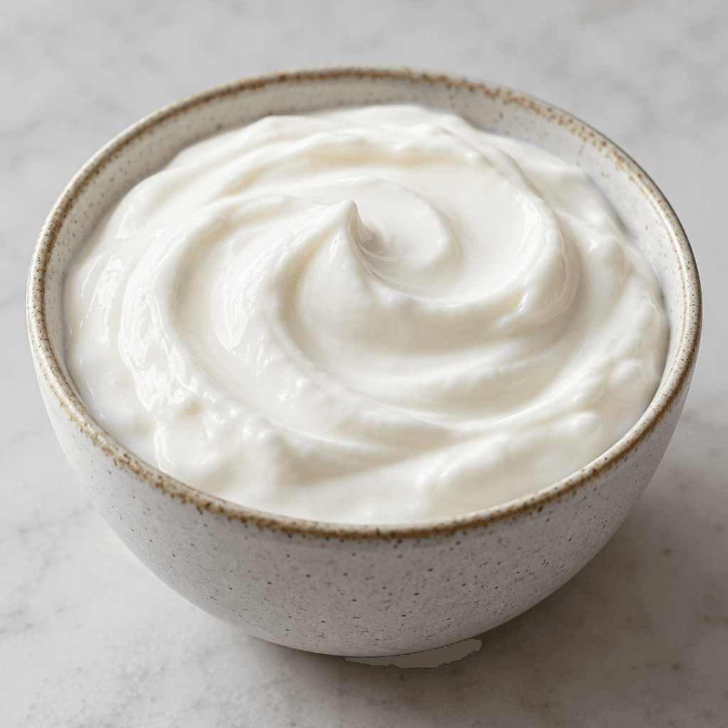 Thick, smooth white yogurt sits in a small bowl with a softly swirled surface.