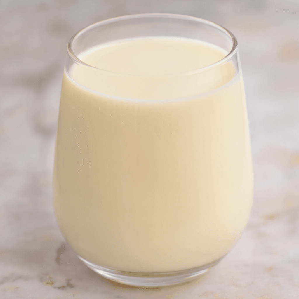 A smooth, opaque, pale cream-colored dairy drink fills a clear glass, with an even surface and no visible pieces.