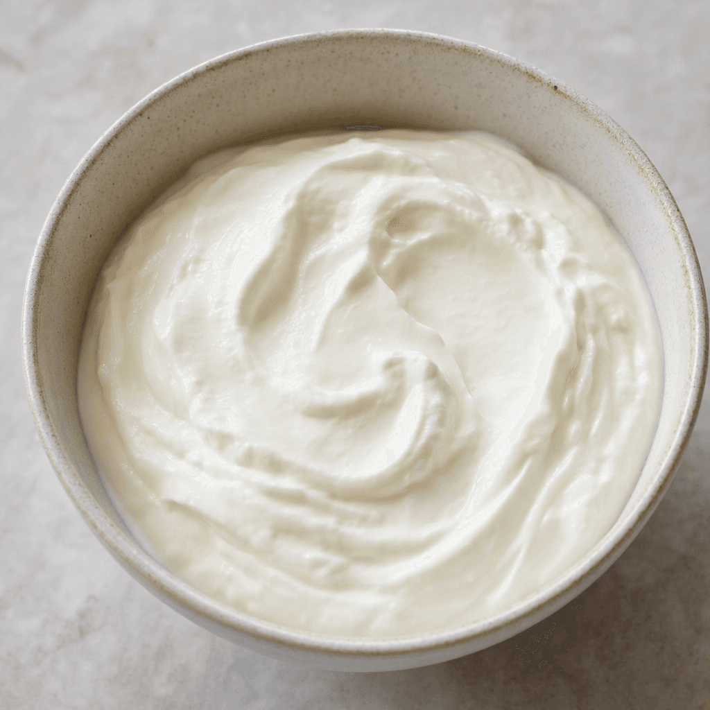 A thick, smooth, bright-white cultured dairy sits plain in a bowl, with a soft mound and faint spoon marks.