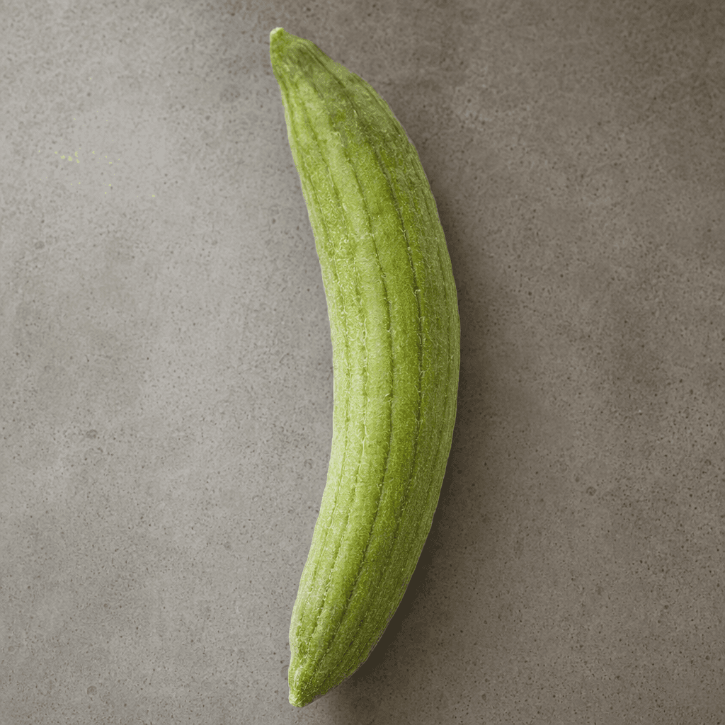A long, slender Armenian cucumber with pale green, deeply ridged skin, gently curved sides, tapered ends, and a slightly fuzzy surface.