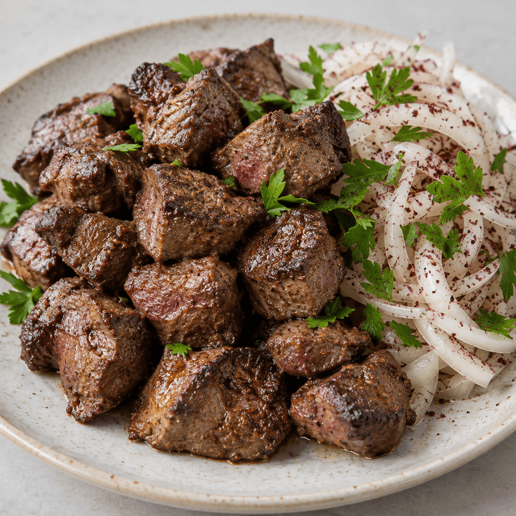 Small, irregular cubes of beef or lamb liver with browned, slightly crisp edges and a moist reddish-brown interior, piled on a plate beside pale onion slices dusted with deep red sumac and scattered green parsley leaves.