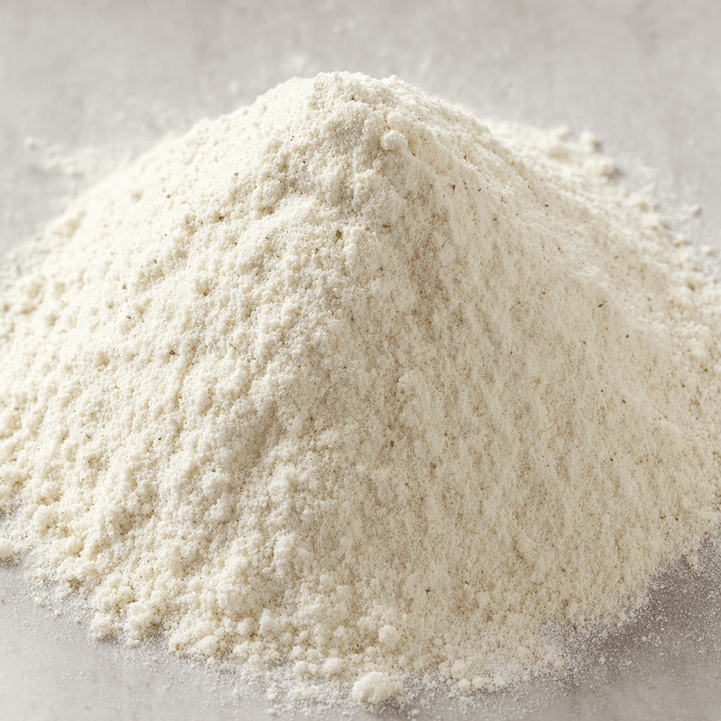 A mound of fine, pale cream-colored rice flour with a soft, powdery texture and a few tiny darker flecks.