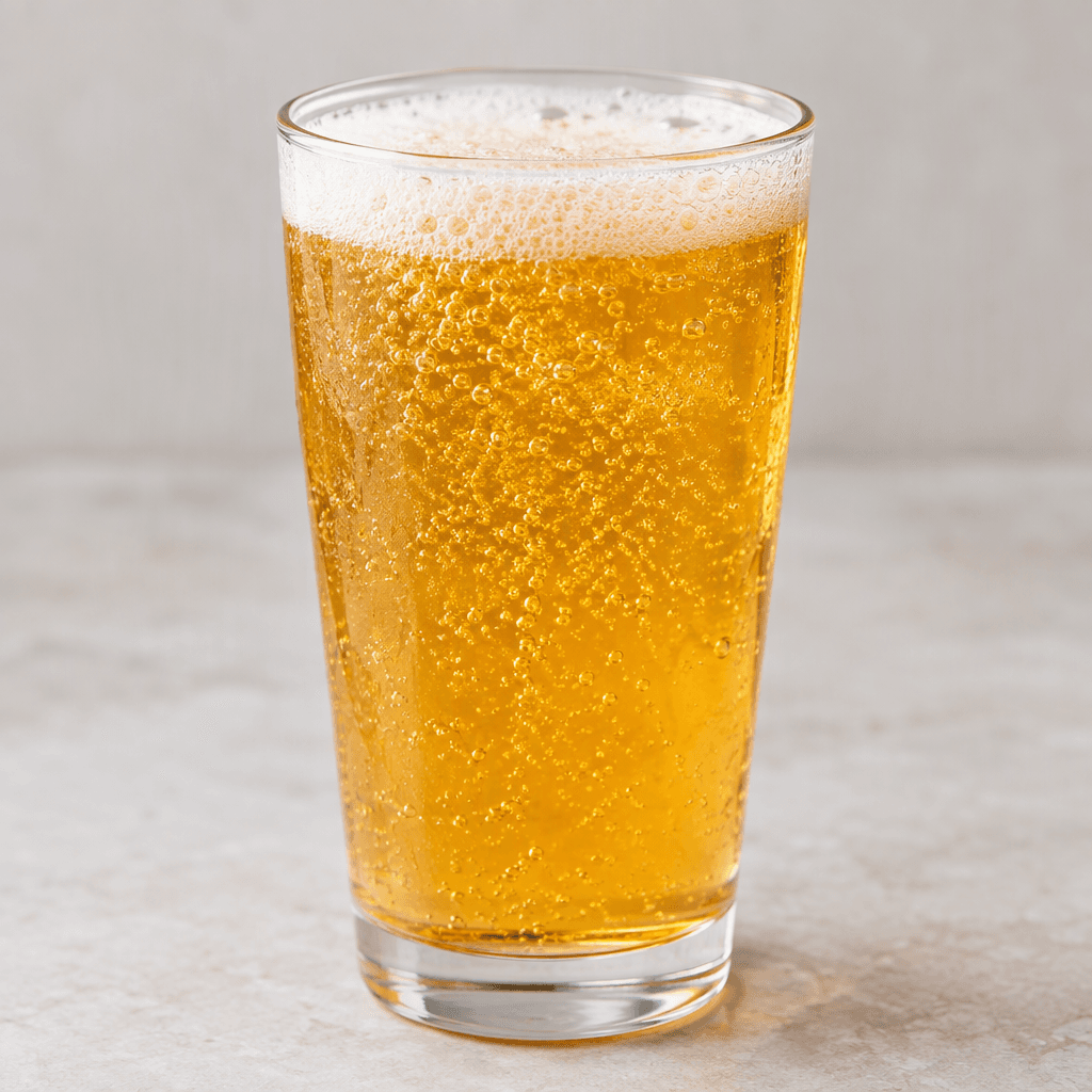 A translucent golden-yellow soda with a faint orange tint, fine bubbles rising through it and a light foamy fizz at the surface, served chilled in a clear glass.