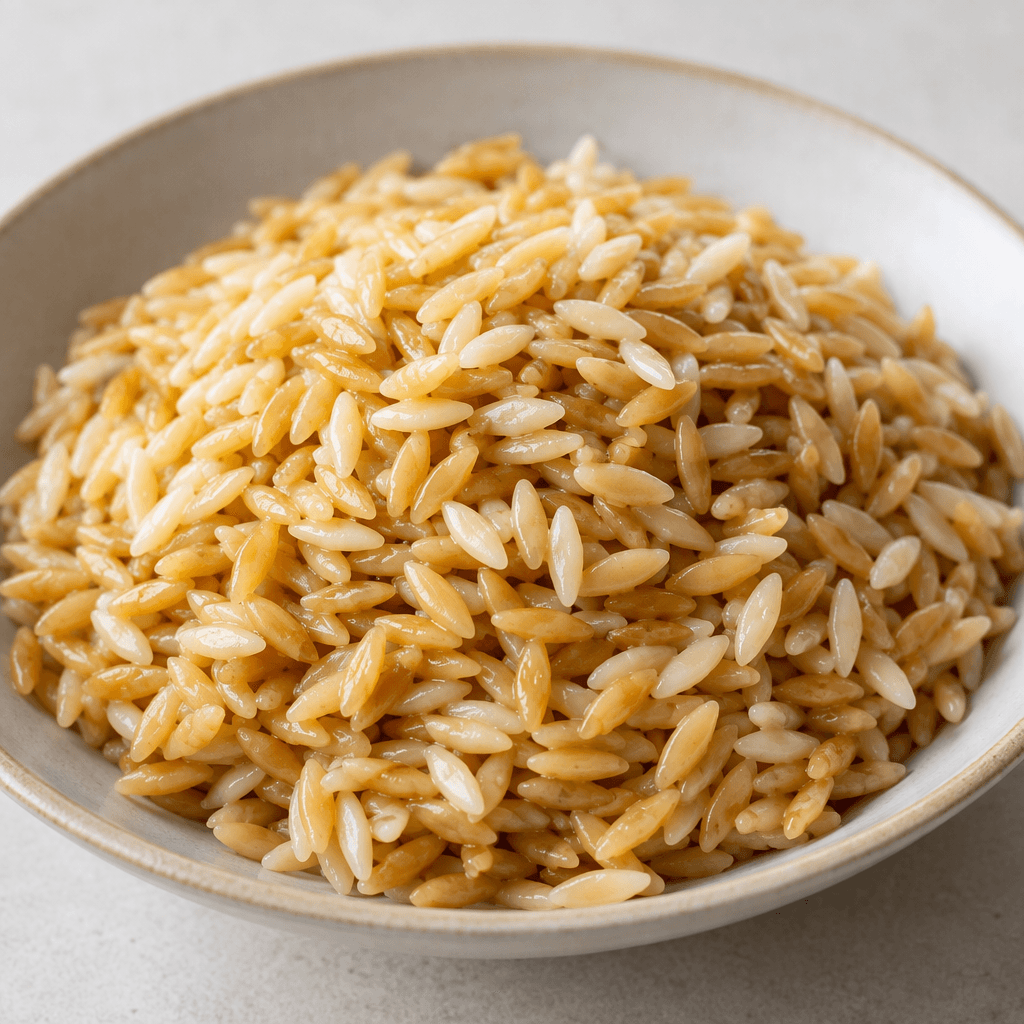 A mound of plump, rice-shaped orzo grains, mostly pale golden brown with scattered lighter pieces, loosely piled in a shallow serving dish and showing a soft, slightly glossy surface with individual grains clearly visible.