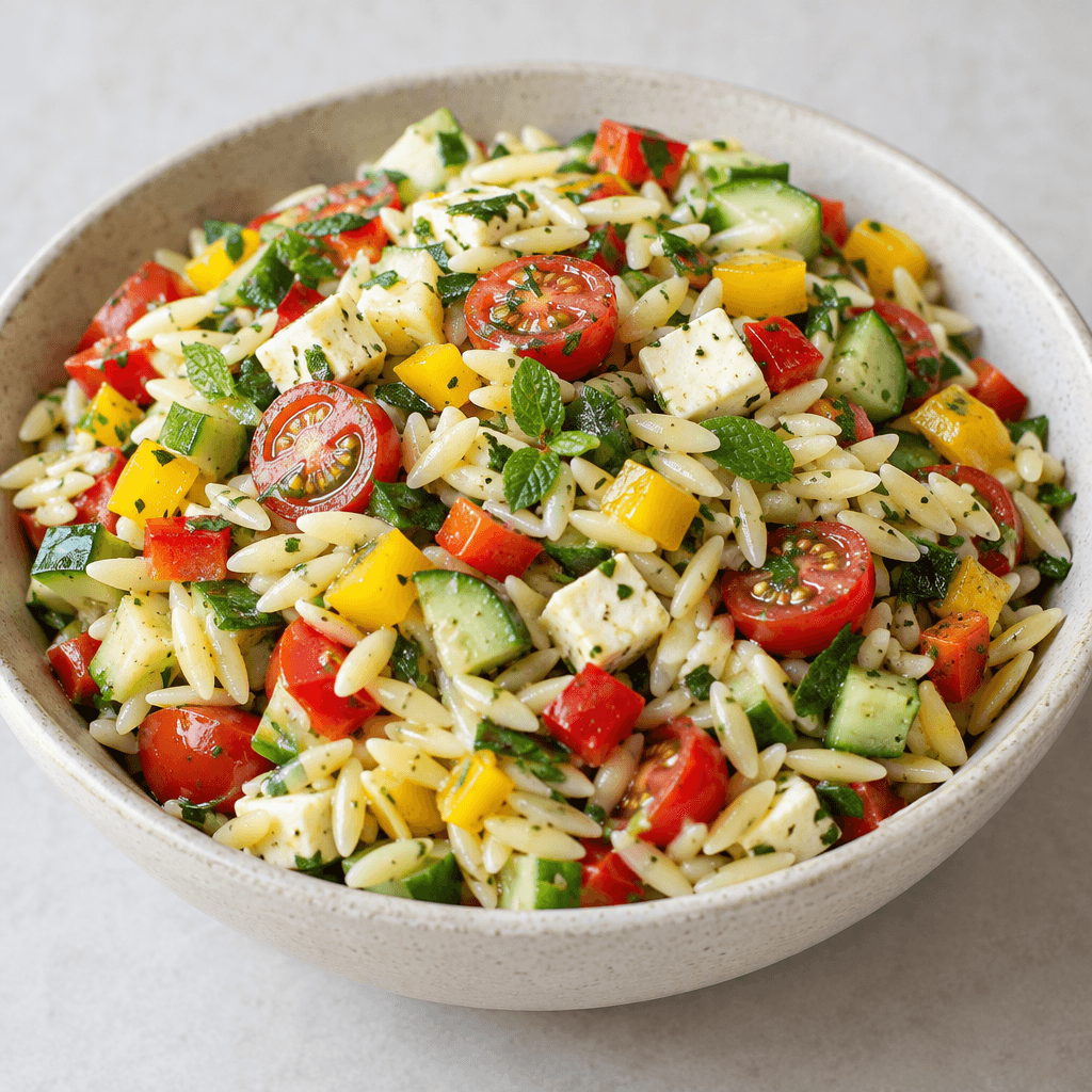 A shallow serving bowl holds glossy, rice-shaped orzo pasta mixed with diced red and yellow peppers, cucumber, cherry tomatoes, green herbs and small pale cheese cubes, creating a colorful salad with a loose, textured surface.