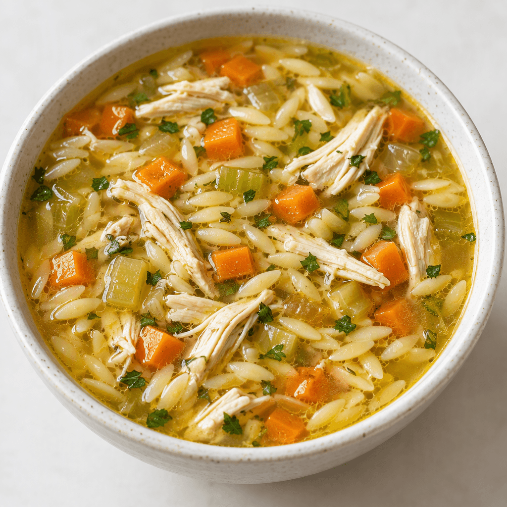 A clear golden broth fills a bowl with small rice-shaped orzo pasta, shredded chicken, diced orange carrots, pale celery pieces, and flecks of green herbs visible throughout, with a glossy surface.