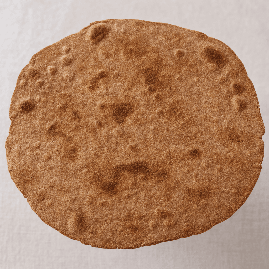 A thin, broad rye flatbread with a matte brown surface, scattered darker toasted patches, and a few small bubbles, lying flat with slightly uneven edges.