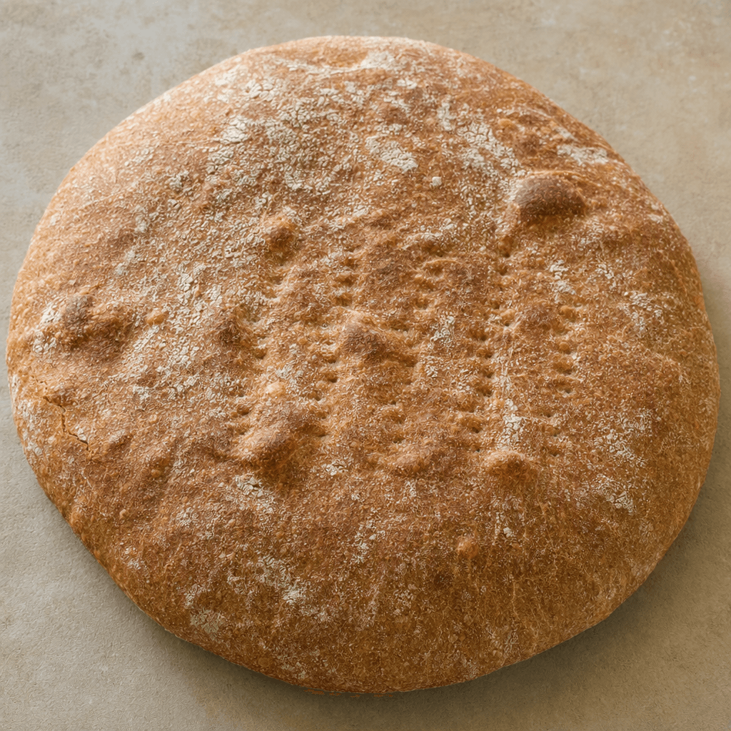 A large, round, flat whole-wheat loaf with a matte brown, flour-dusted surface, scattered darker blisters and small cracks, rests on a plain serving surface.