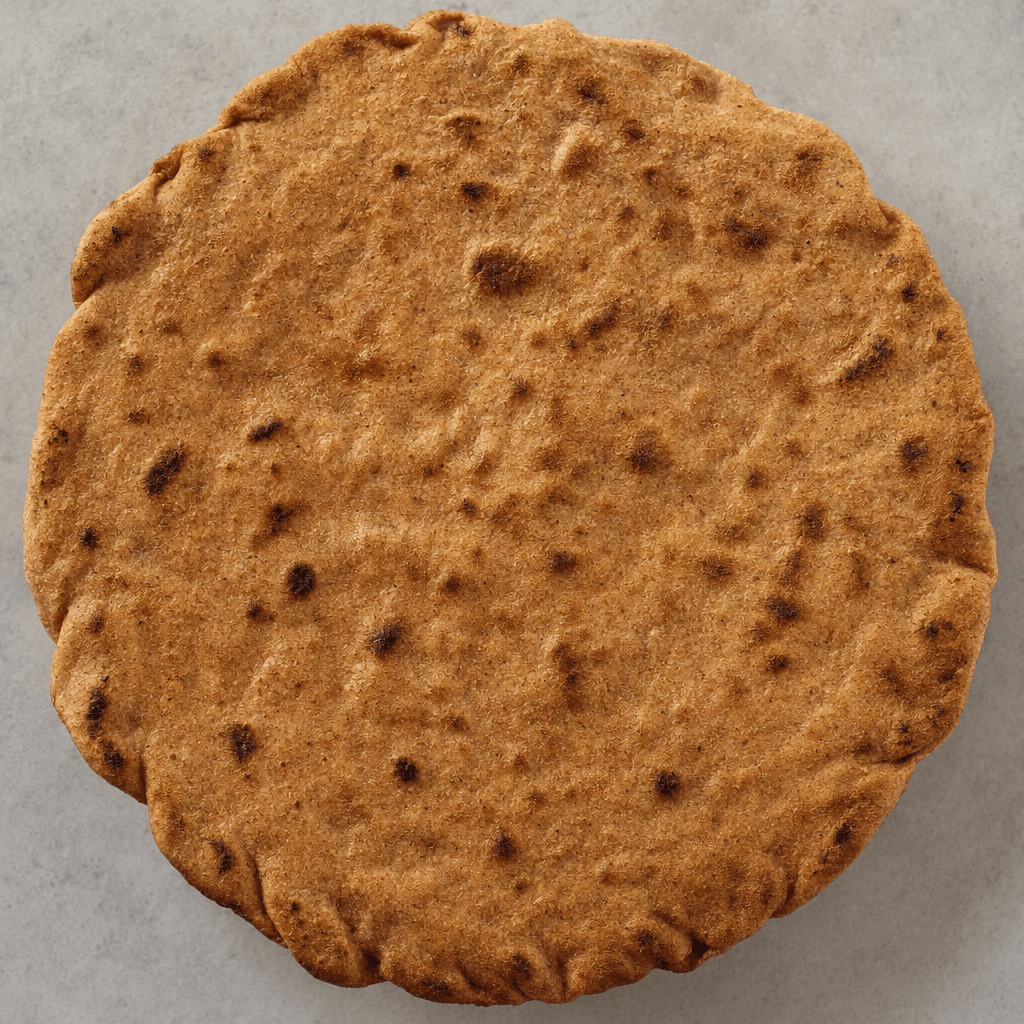 A large, round whole-wheat flatbread with a rustic, uneven edge, a matte brown surface, and scattered darker baked spots.