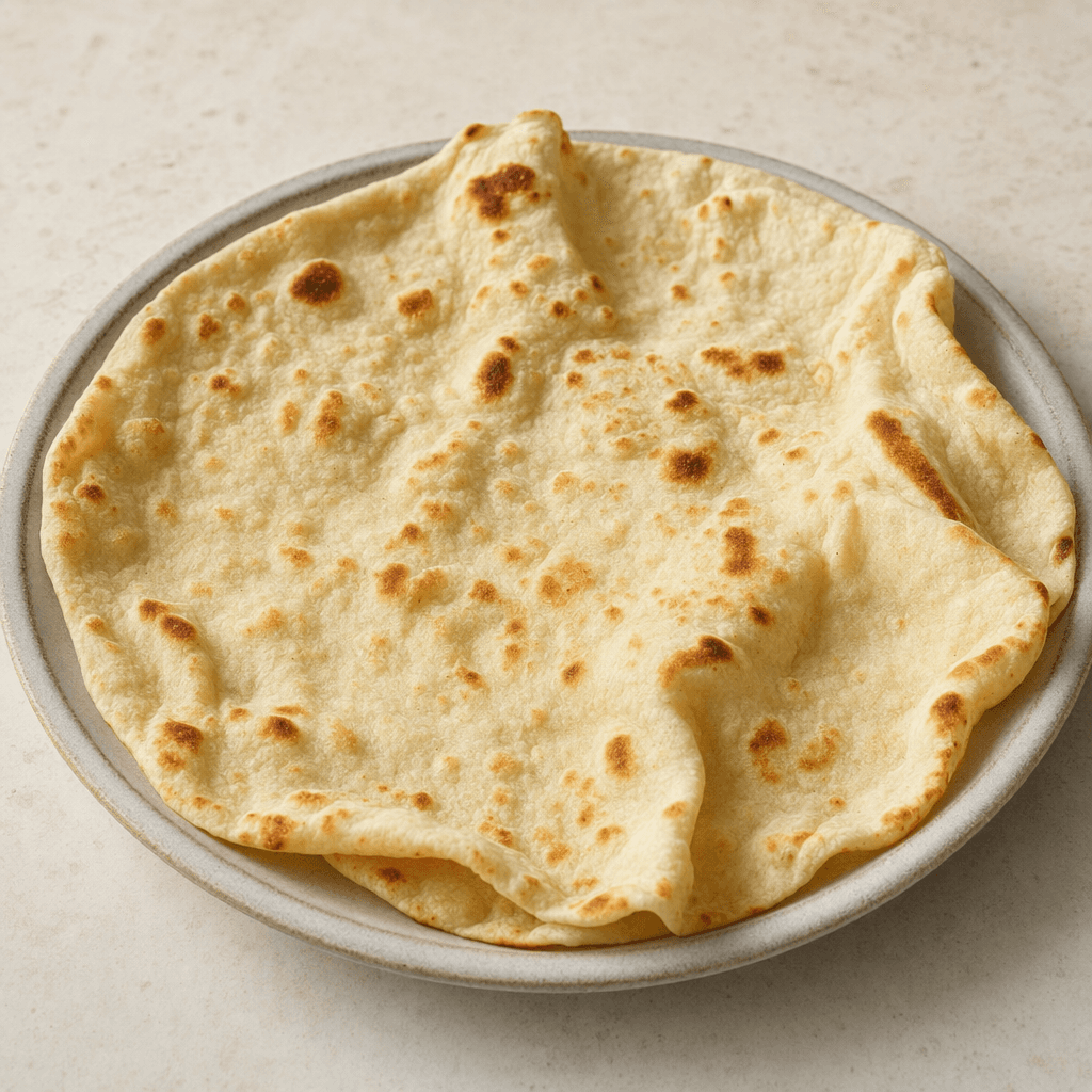 A large, thin, irregularly oval flatbread with a soft beige surface, scattered golden-brown toasted patches, and slightly curled edges, served folded loosely on a plate.