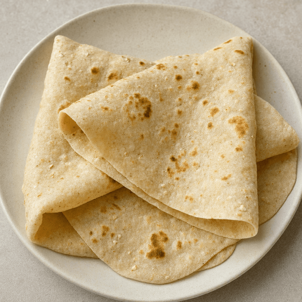 A thin, flexible, pale beige flatbread with scattered golden-brown toasted patches and small visible oat flecks, folded loosely on a plate.