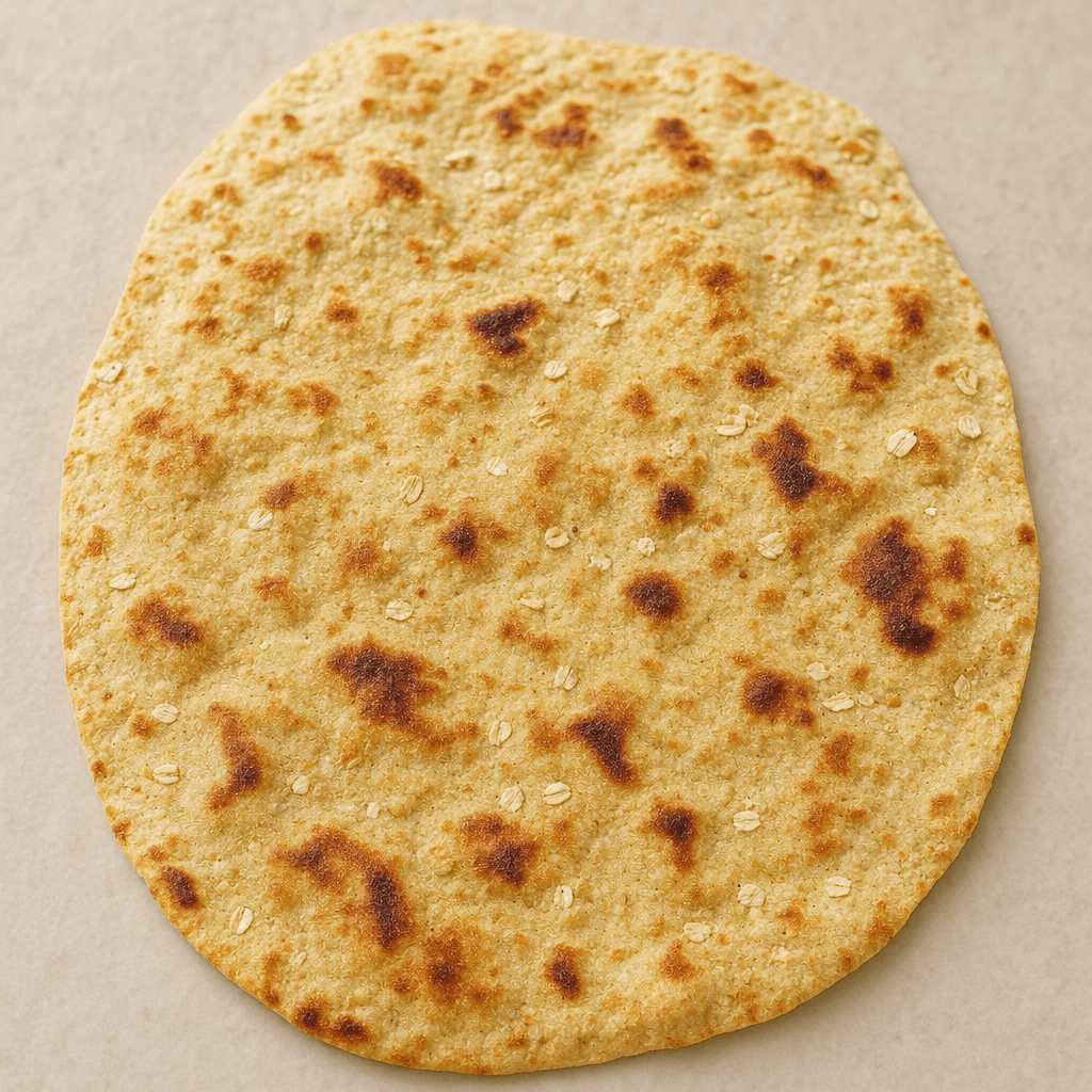 A thin, flexible, roughly oval flatbread with a warm beige surface, scattered oat flecks, and irregular toasted brown spots.