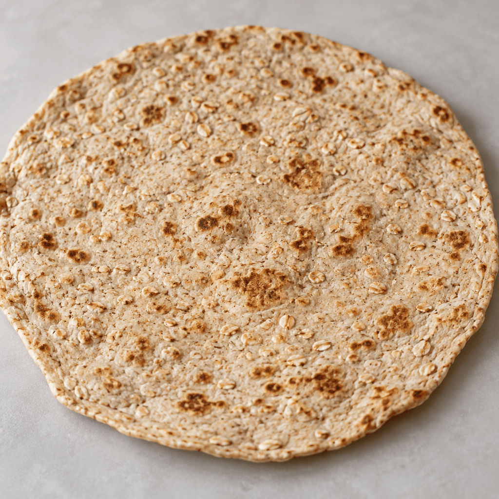 A thin, broad, flexible oat flatbread with a pale beige surface, scattered darker oat flecks, and irregular light-brown toasted spots.