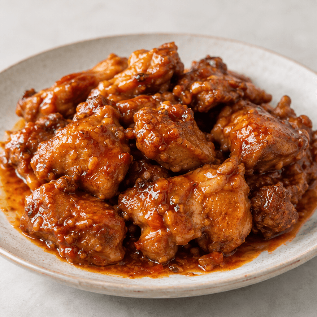 Pieces of browned meat are coated in a glossy, deep red-orange sauce, with the dish served on a plate.