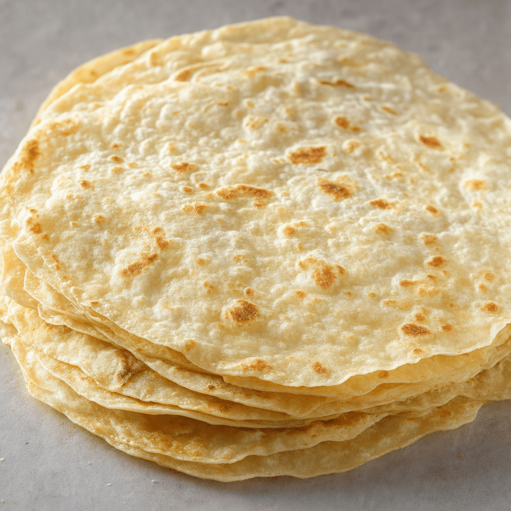 Several broad, very thin flatbreads lie in a loose stack, their pale beige surfaces marked with scattered golden-brown patches and gently uneven edges.
