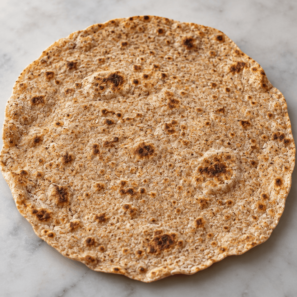 A broad, thin sheet of whole-wheat flatbread with a warm tan-brown surface, fine grain flecks, scattered darker toasted spots, and slightly uneven edges.