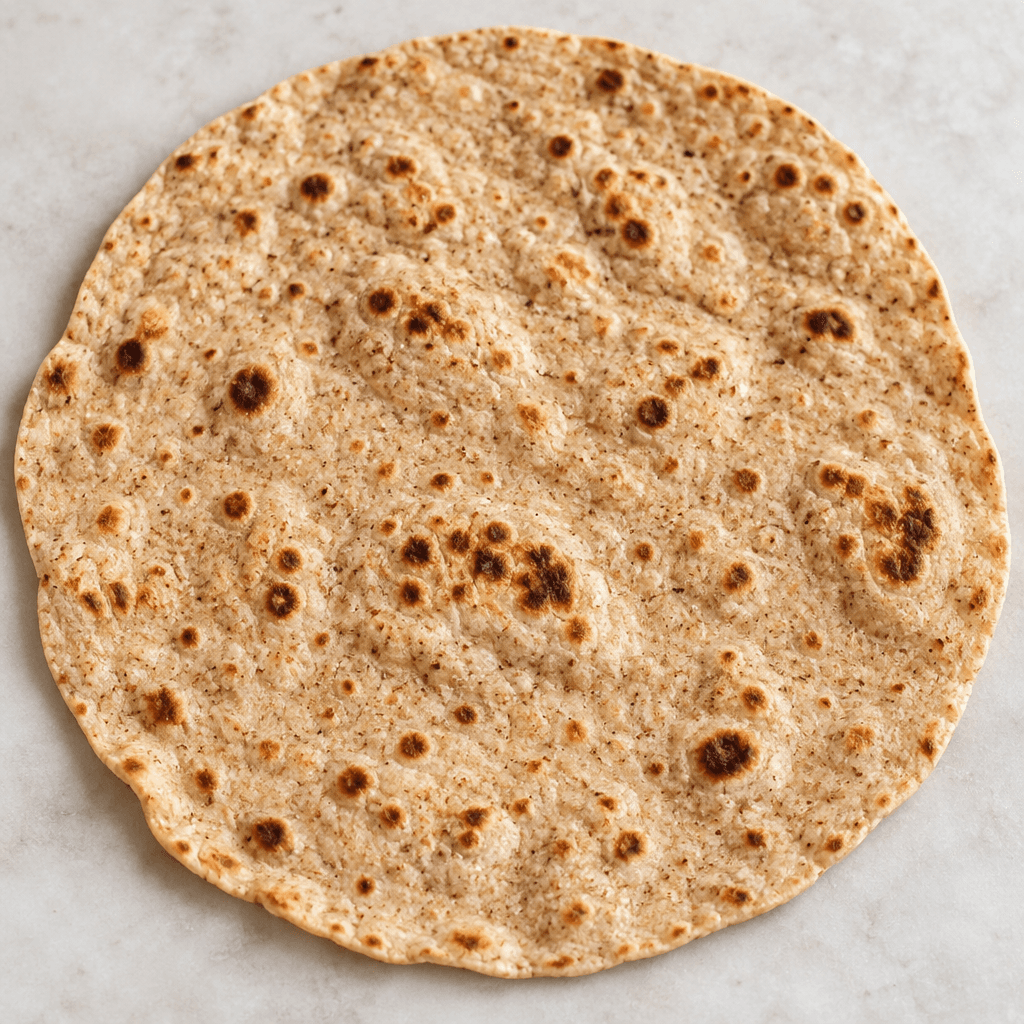 A thin, flexible, light-brown flatbread with a lightly blistered surface, scattered darker toasted spots and fine grain flecks, lying flat with softly uneven edges.