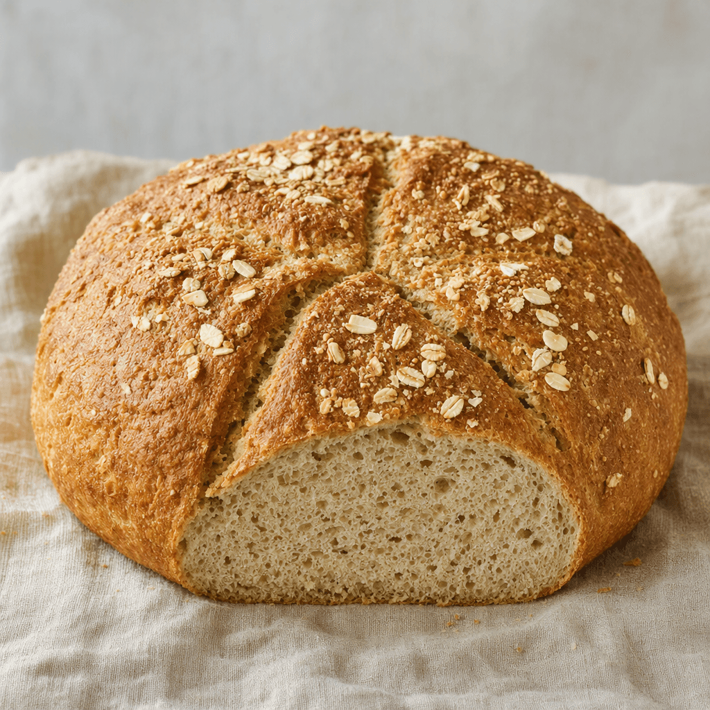 A rustic, round oat loaf with a golden-brown, lightly textured crust, visible oat flakes on top, and a pale beige crumb showing at the cut edge.
