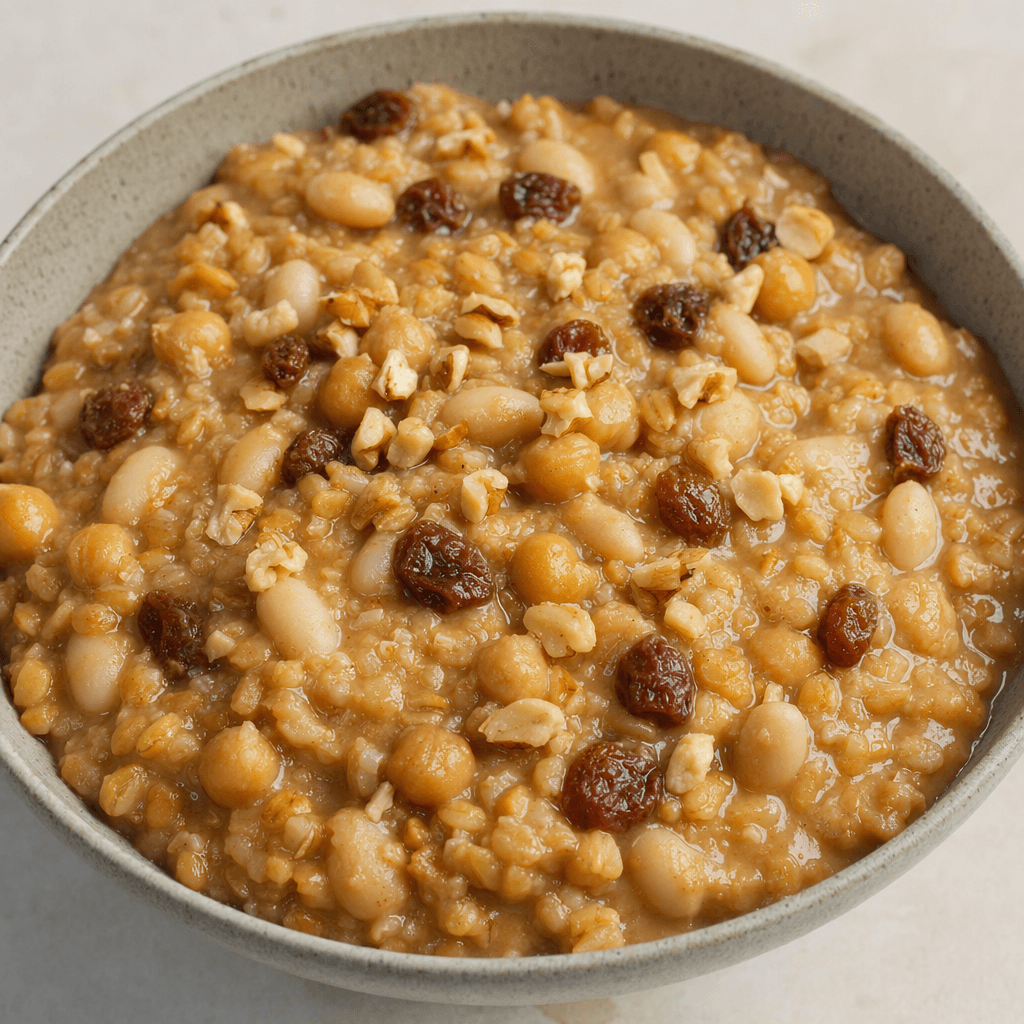 A thick beige-brown mixture of swollen wheat grains, chickpeas, white beans and dark raisins is served in a bowl, with a few nuts scattered over the surface.