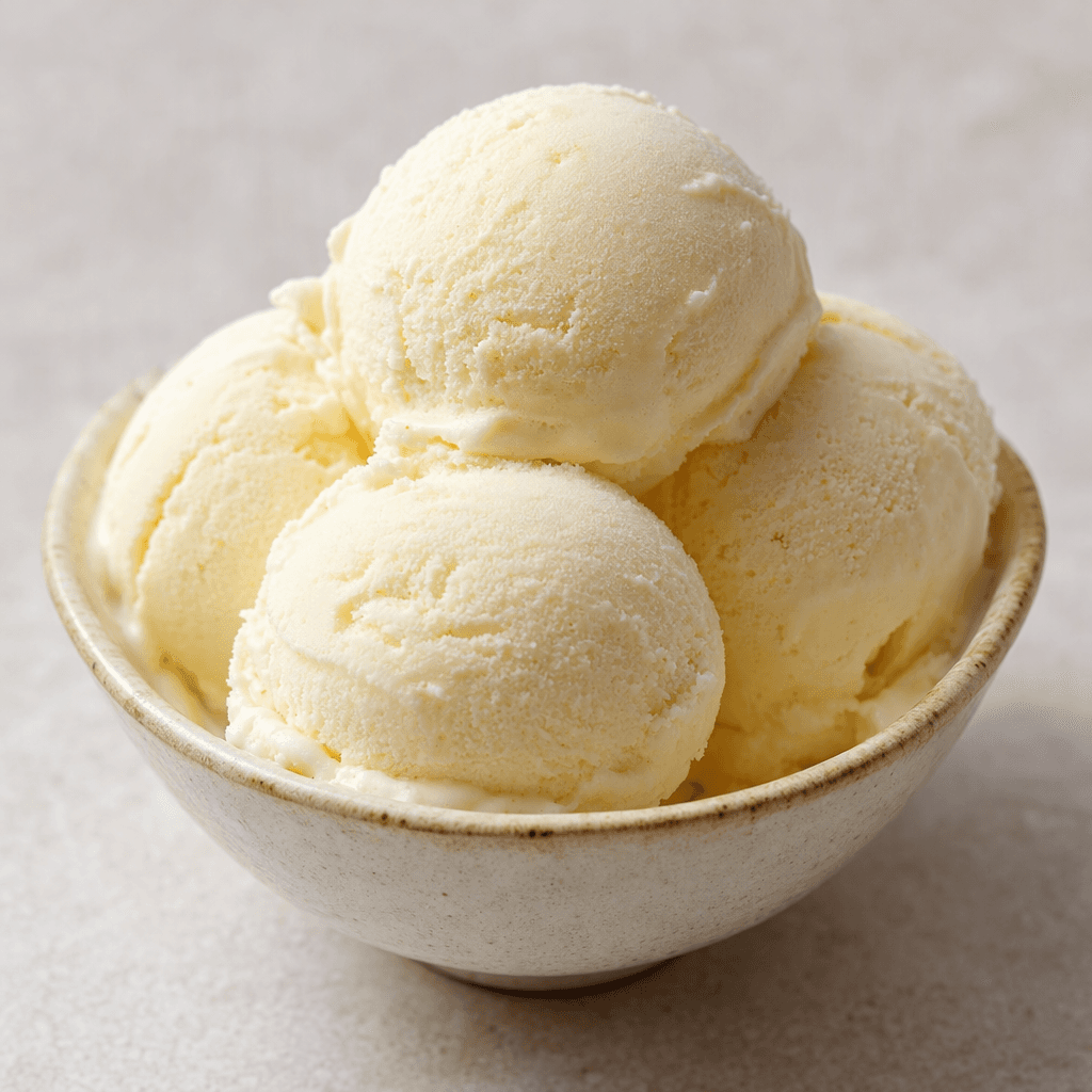 Several smooth, pale cream-colored scoops of ice cream sit in a small bowl, with soft rounded edges and faint scoop marks.