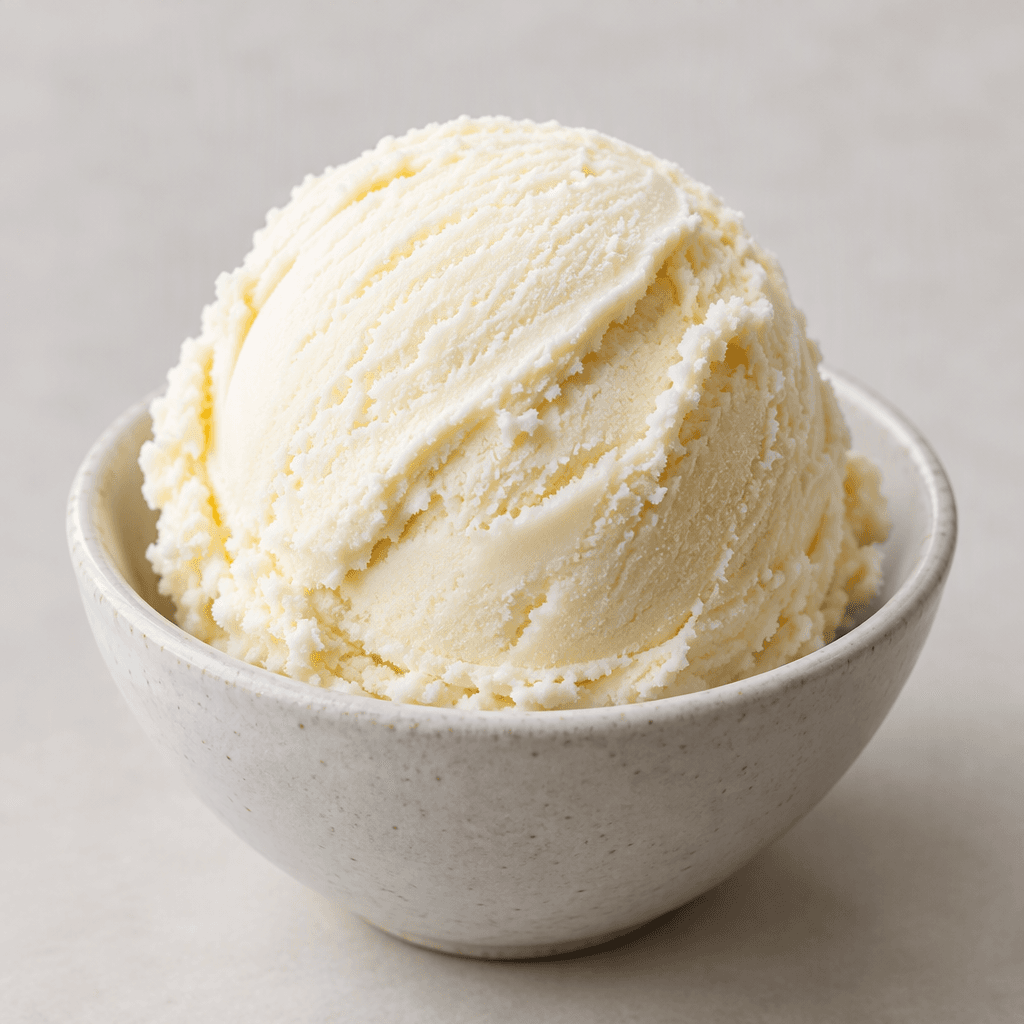 A smooth, pale ivory scoop of plain ice cream with soft curved ridges sits in a small dish.