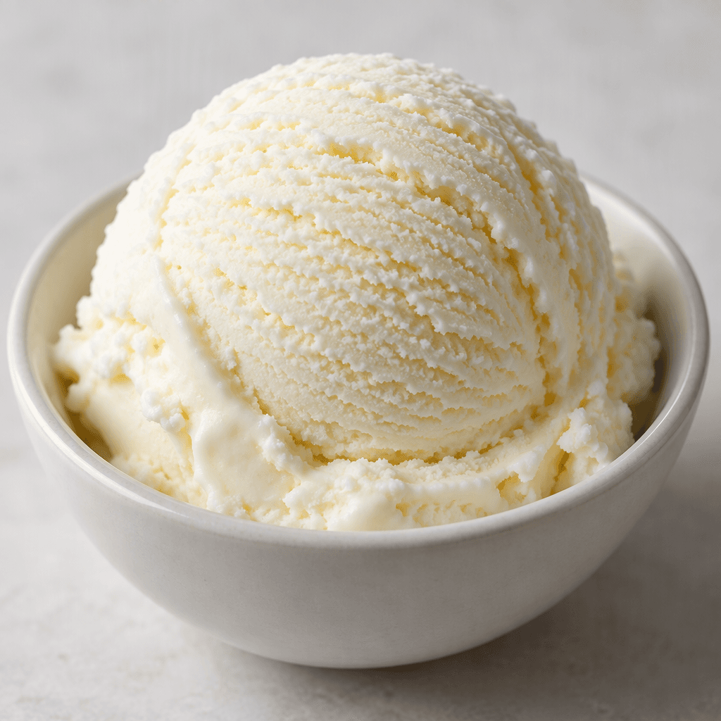 A smooth, pale cream-colored scoop of plain milk ice cream with a dense, softly ridged surface, served in a small dish.