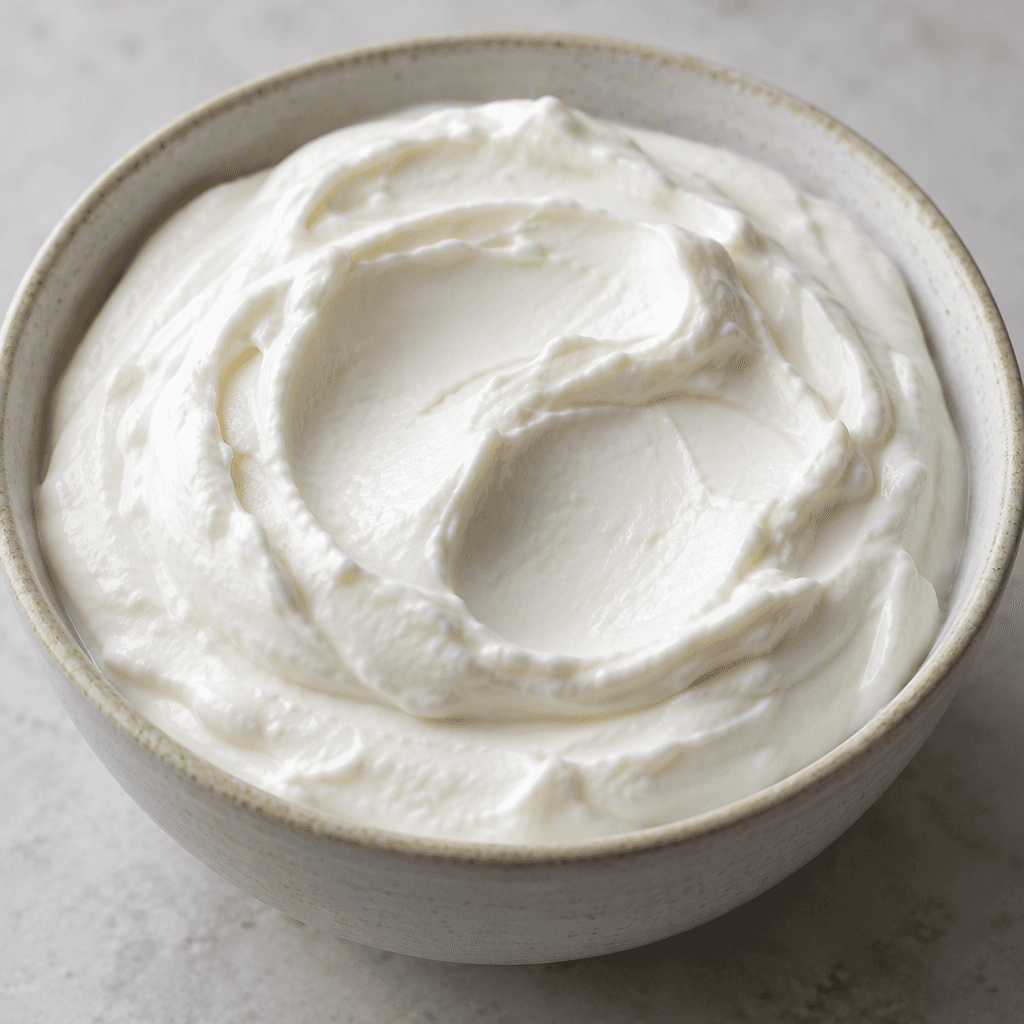 Thick, bright-white strained yogurt sits in a bowl, with a dense, smooth surface and soft spoon-shaped swirls.