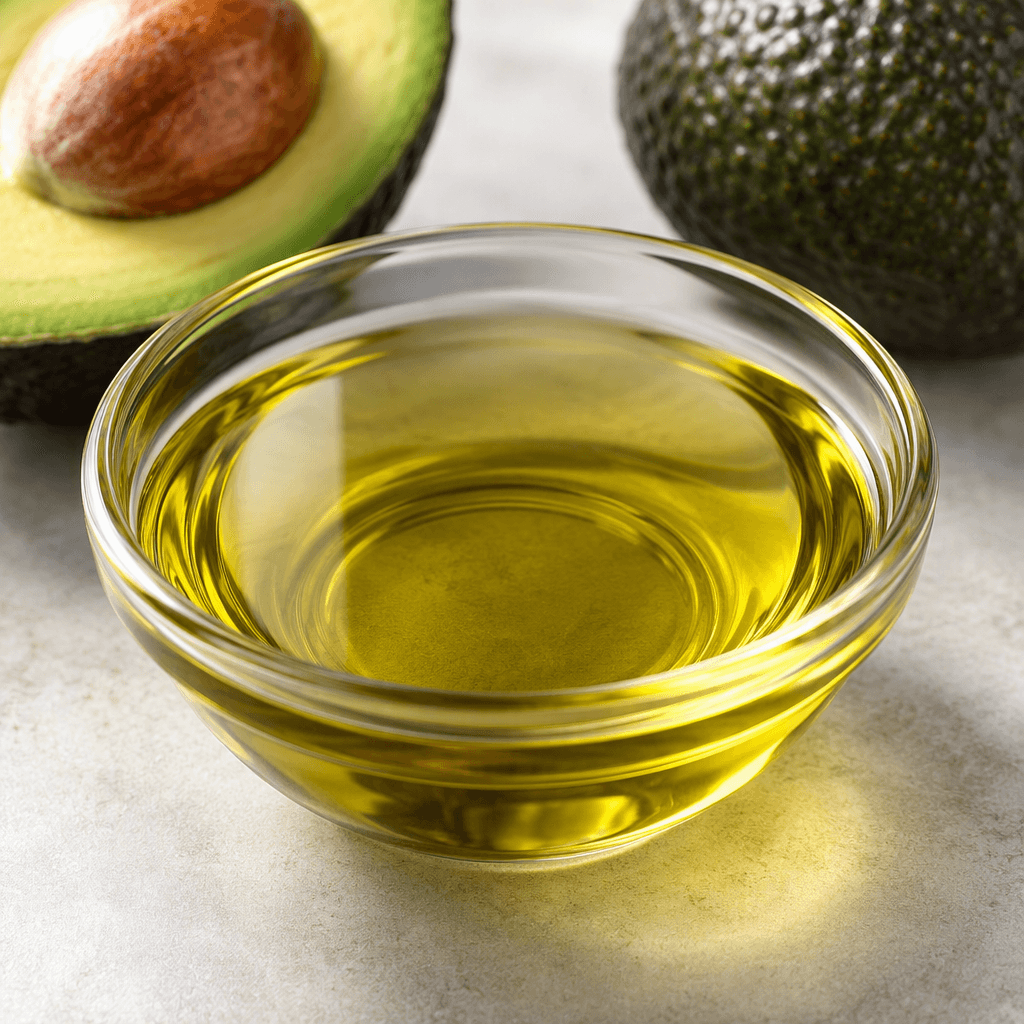 Clear, glossy avocado oil, golden yellow to greenish in colour, pooling in a smooth, thin layer.