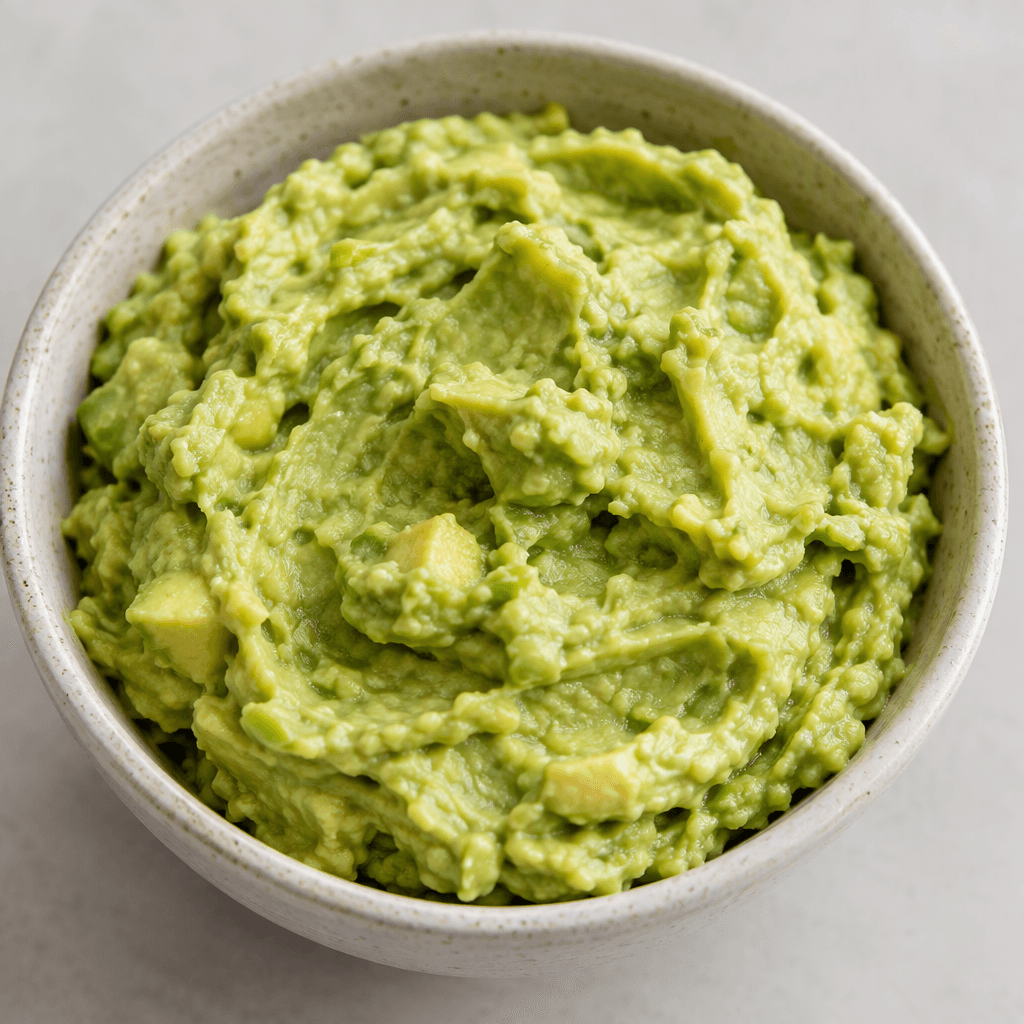 A bowl of pale green avocado mashed into a thick, creamy-textured spread, with small soft chunks visible on the surface.